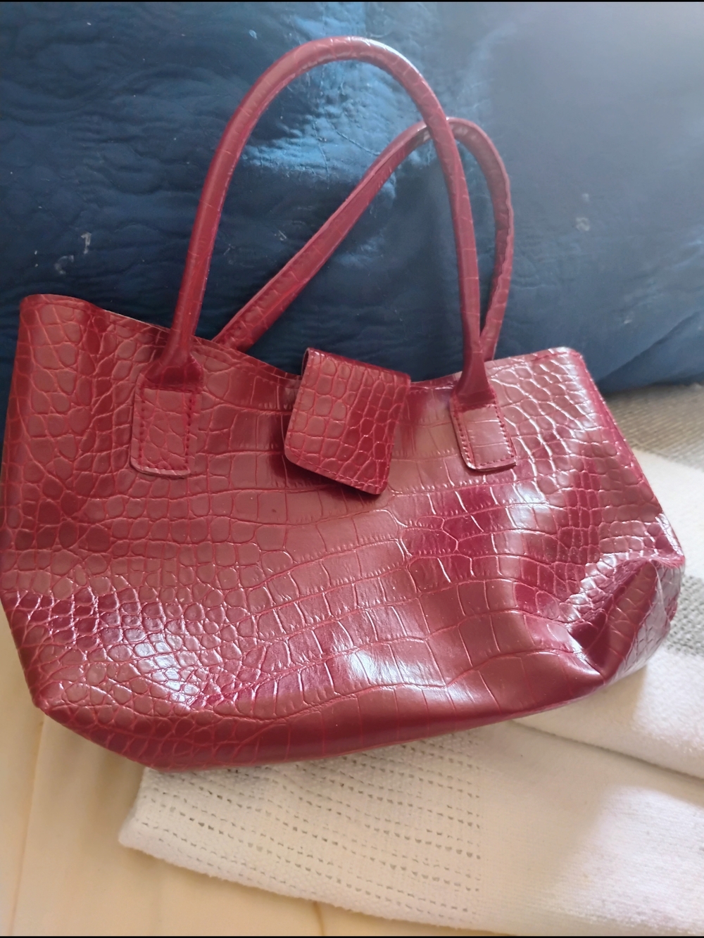 Croc-Embossed Red Tote Bag with Double Handles